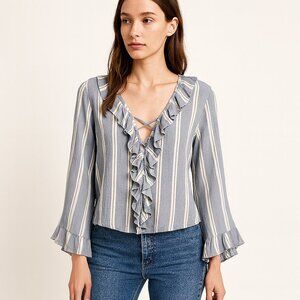 American Eagle NEW Blue White Stripe Ruffle Lace Up Flare Sleeve Boho Y2K Top M